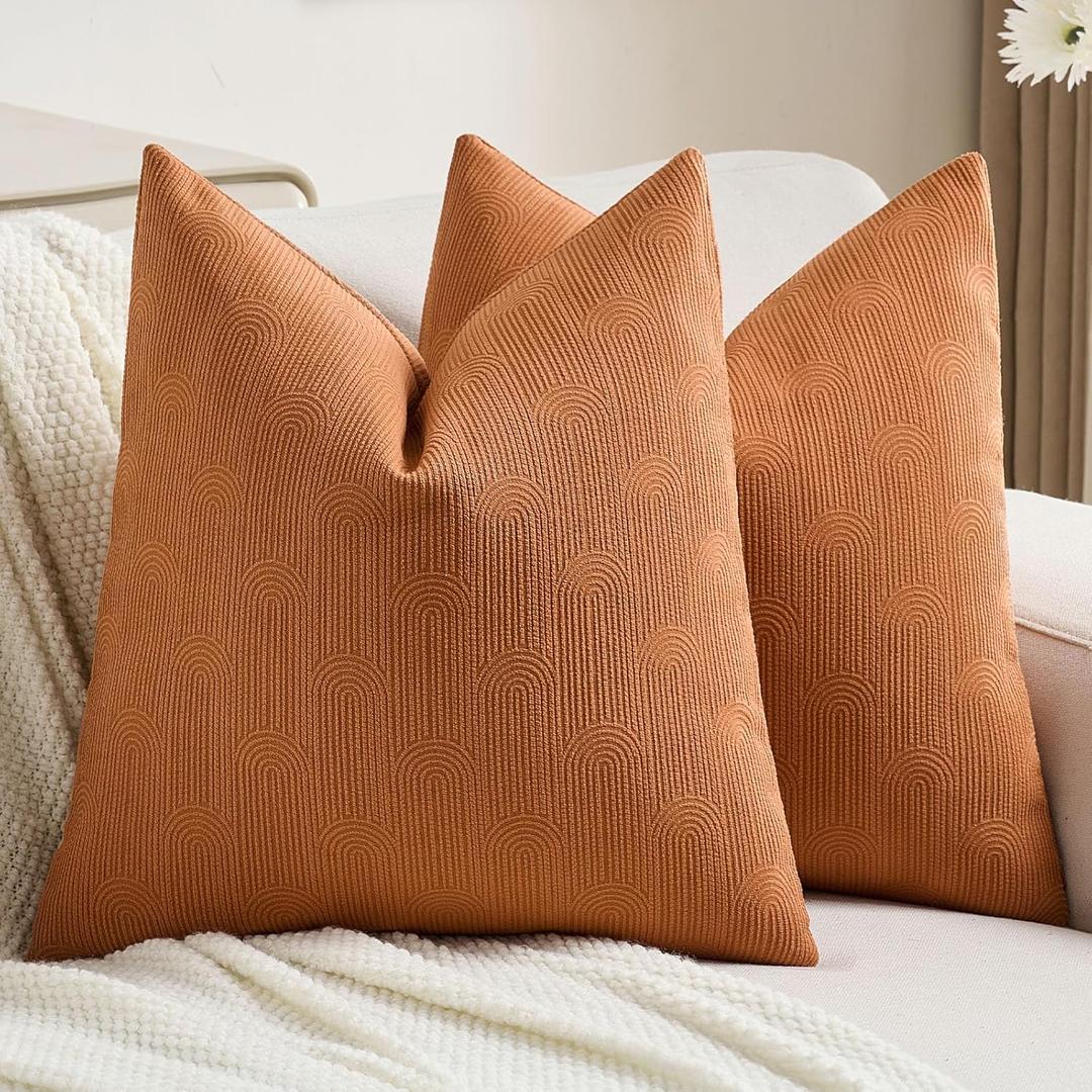 FUTEI Burnt Orange Chenille Decorative Throw Pillow Covers 20x20 Inch Set of 2, Soft Cozy Striped Geometric Patterns Cushion Case,Modern Home Decor for Couch Bed Living Room