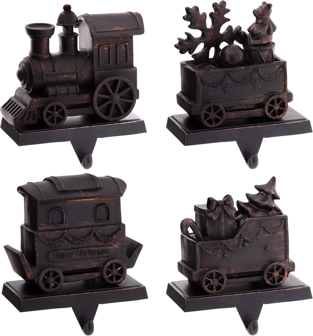 MCEAST Set of 4 Christmas Train Stocking Holders Metal Stocking Hangers Mantel Hook Hangers Fireplace Stocking Hooks for Christmas Decoration