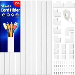 Delamu 157in Cord Hider, Cable Management Raceway, Paintable Wire Cover for Cords for TV on Wall, 10 X L15.7 W1.18 H0.6in, White