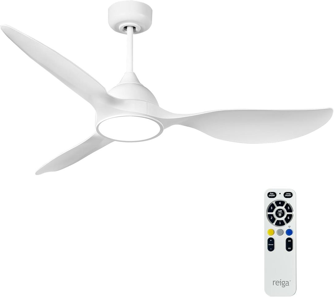 reiga 52 inch White Modern Ceiling Fans with Lights Remote Control, Quiet Reversible DC Motor, 3 Blade High Flow for Living Room Bedroom Farmhouse (White, no Wifi)