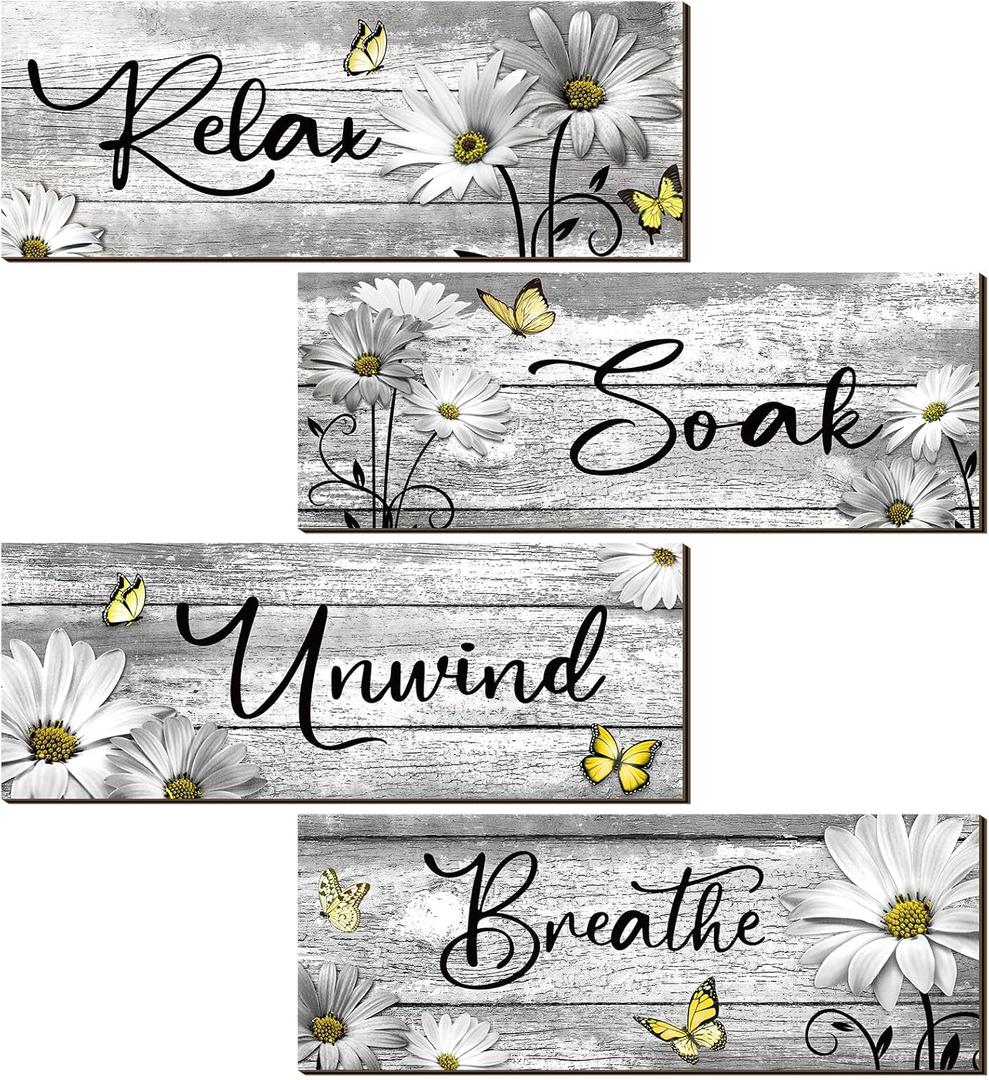 Sunnyray 4 Pcs Farmhouse Bathroom Wall Decor Sign Daisy Floral Flowers and Butterfly Bathroom Wall Art Relax Soak Unwind Breathe Rustic Wood Plaque for Home Spa Laundry (Gray, 9.8 x 4 inch)