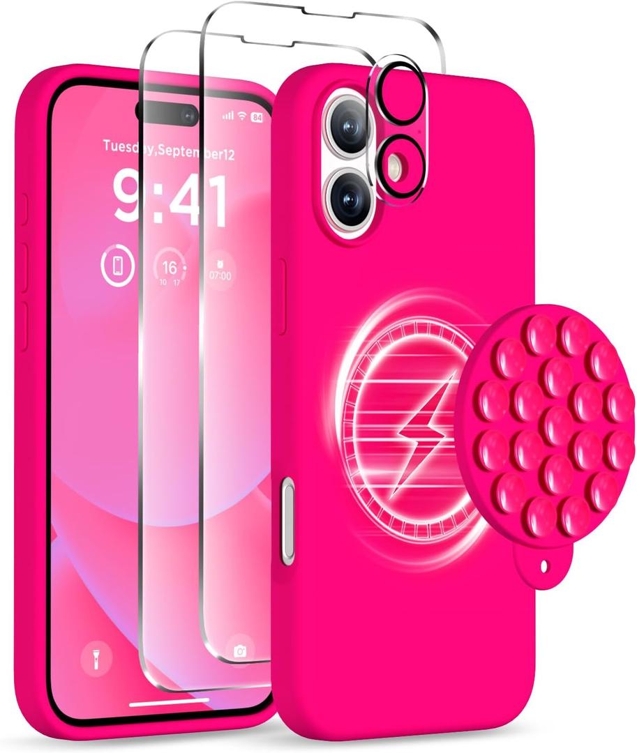 Magnetic for iPhone 16 Case, Compatible with Magsafe, Suction Cup Phone Mount, [2 Screen Protectors][Camera Lens Protector] Silicone Shockproof Protective Slim Phone Cover 6.1", Neon Pink