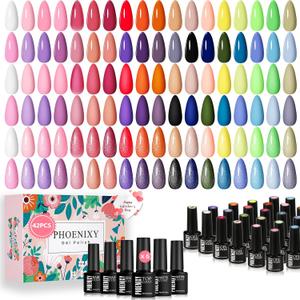 phoenixy 42 Gel Nail Polish Set, 36 Colors Soak Off Gel Polish Nude Pink White Blue Green Yellow Orange 6 Bottle Base and Matte Glossy Glitter Top Coat Starter DIY Home Manicure Set for Women (42pcs Romantic Pastel Rainbow Collection)