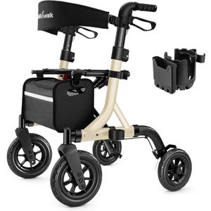 MAXWALK Walkers for Seniors, Rollator Walker with Seat, 10" Rubber Wheels All Terrain Rollator Walker with Backrest, Aluminum Walkers Built-in Cable, Foldable and Adjustable Height for Seniors, Beige
