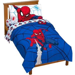 Jay Franco Marvel Spiderman Webtastic 4 Piece Toddler Size Bed Set Super Soft Microfiber Bed Set Includes Toddler Size Reversible Comforter & Sheet Set Bedding (Official Marvel Product)