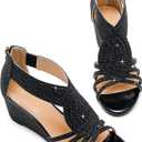 Women Wedge Sandals Sparkly Rhinestone Open Toe Fashion Dressy Sandals Evening Wedding Prom Shoes (Black, S)