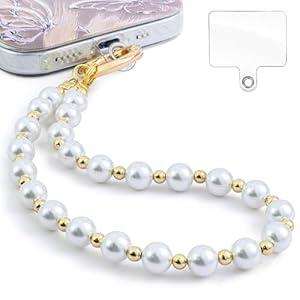 Phone Charm Wrist Strap with Tether Tab, Detachable Anti-Theft CellPhone Charms Strap, Hands-Free Decorative Phone Chain Lanyard for Women Girls, Compatible with Most Smartphones (Golden White Pearl) - Pack of 5