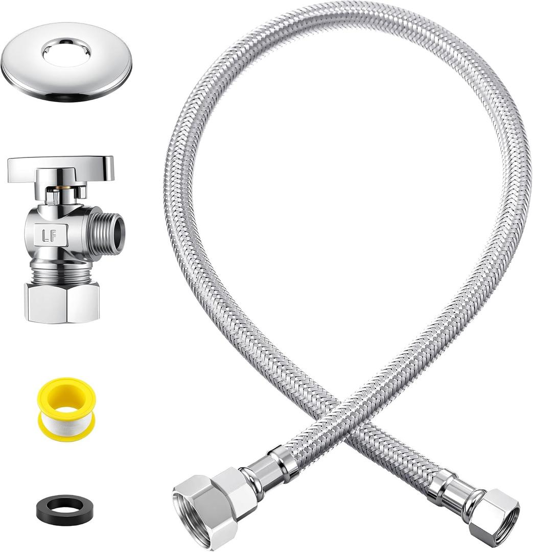 Dreyoo Water Supply Line Kit 24 Inch 3/8 Compression Inlets & Outlets Toilet Connector Hose, 1/2'' Nom Inlet x 3/8'' OD Compression Outlet Angle Shut Off, Adapter, Escutcheon Plate, Tape