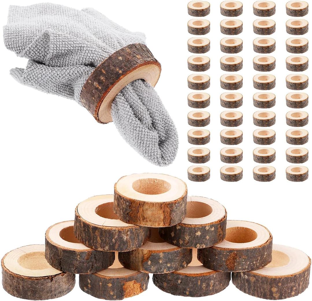 50 Pcs Wooden Bark Napkin Ring 1.18 Inch Handcrafted Wooden Napkin Holder Decorative Round Shaped Holders with Bark Edge Natural Design for Table Dining Parties Special Occasions Kitchen & Home Decor