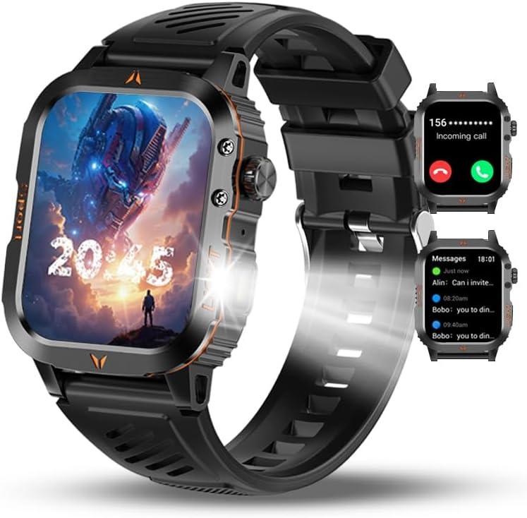 Military Smartwatch for Men, LED Flashlight Bluetooth Call IP68 Waterproof Heart Rate Blood Oxygen Sleep Tracker Fitness Pedometer Android iOS Compatible - Ideal for Hunting Hiking Extreme Sports (Black)