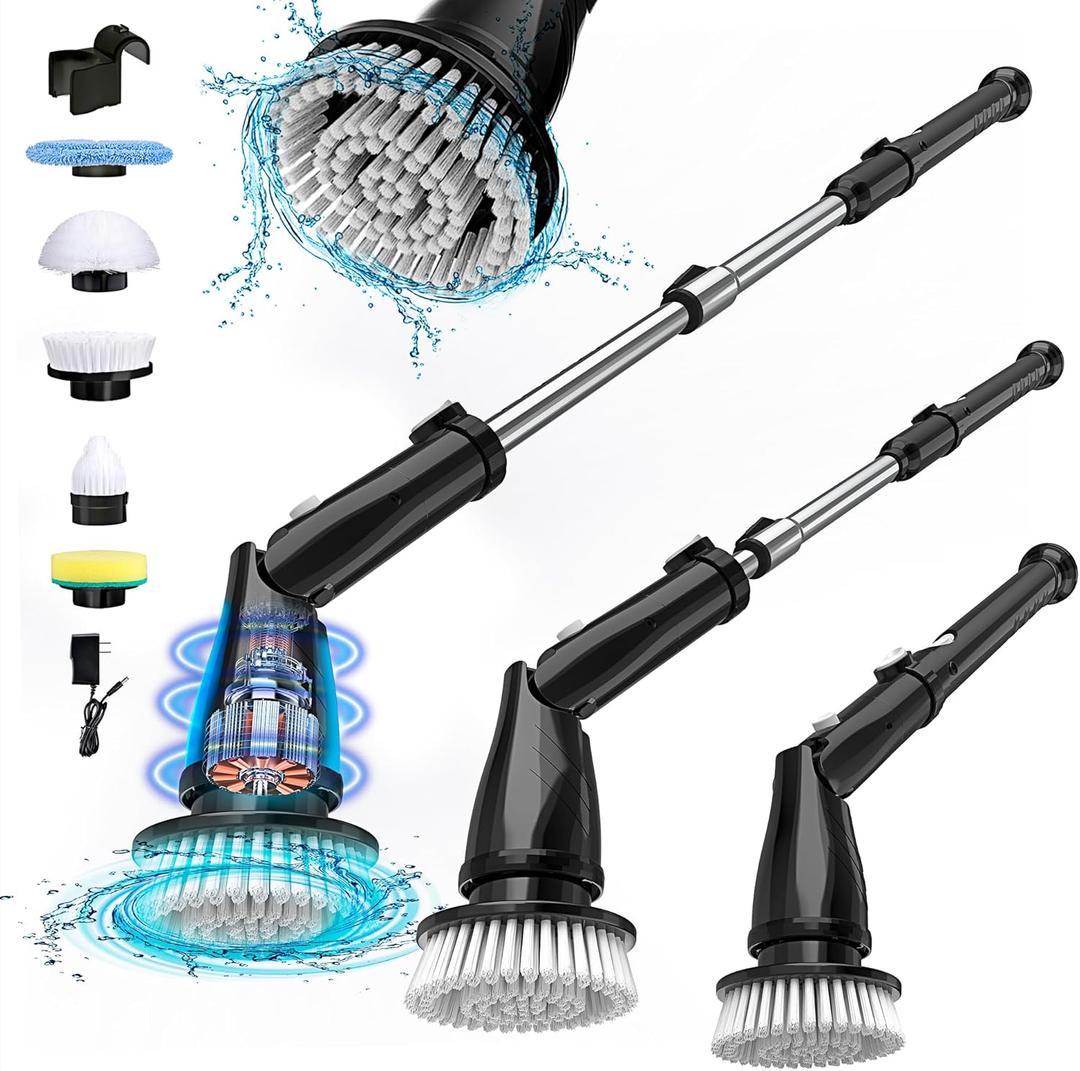 Electric Spin Scrubber, Shower Cleaner Brush with 5 Replaceable Cleaning Heads, 450RPM Bathroom Scrubber Electric with Long Handle for Cleaning Bathtub Tile Floor Kitchen Wall