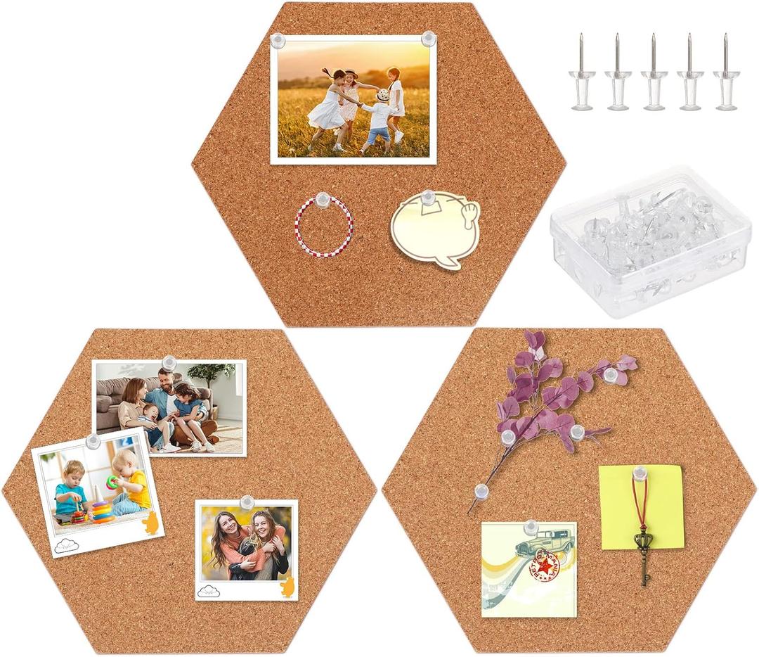 FEBSNOW 3 Pack Self-Adhesive Cork Board Tiles Hexagonal Cork Board Mini Wall Bulletin Board with 50 Multi-Color Push Pins (4 x8 Inch)