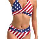TASHEHE Women's Bikini Set High Waisted Twist Swimsuit Colorblock Halter Two Piece Bathing Suit (Large, 432 / American Flag / 4th of July)