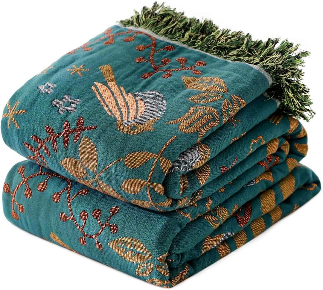 LUTBM Queen Throw Blanket for Bed 100% Cotton Boho Soft Quilt Birds and Floral Double Embroidery Summer Breathable Bed Blanket,90"x90" Lightweight All Season Blankets for Bedding Couch Home Decor