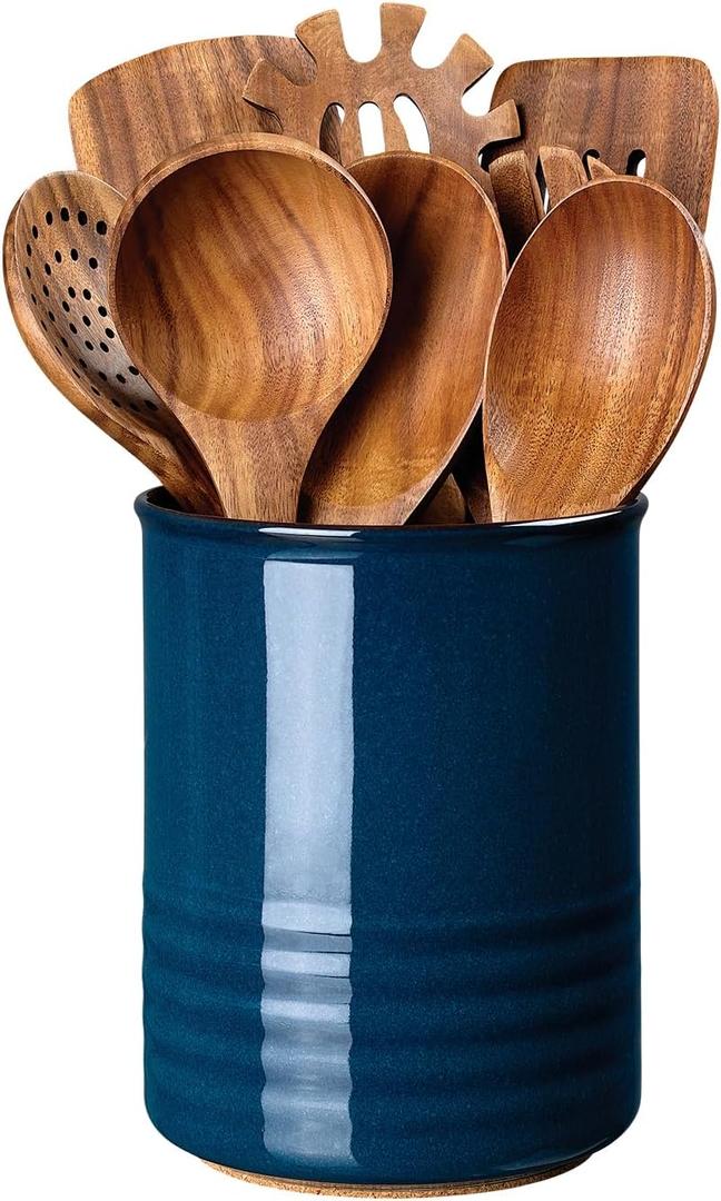 Utensil Holder, Ceramic Kitchen Utensil Crock for Countertop Cooking, Modern Utensil Caddy Jar Organizer for Farmhouse Kitchen Counter Décor, Flambe Blue