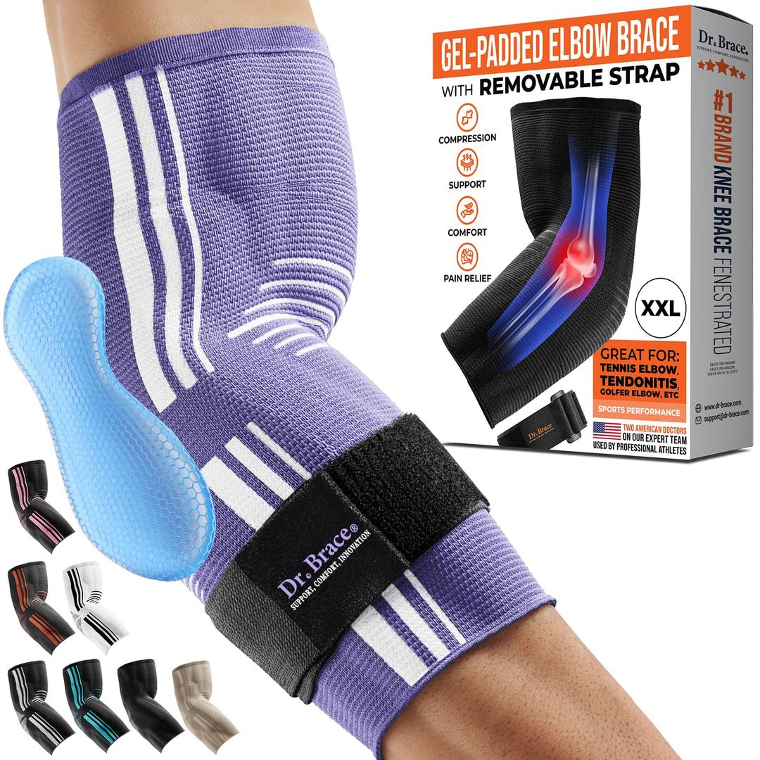 DR. BRACE Elite Elbow Brace Support, Breathable Elbow Compression Sleeve with Gel Pad for Golfer's, Tennis Elbow & Tendonitis Treatment & Pain Relief 2024 (Purple-White, XX-Large)