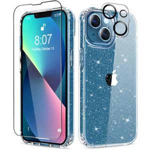 MIODIK Compatible with iPhone 13 Case with Screen Protector + Camera Lens Protector, Clear Glitter Shockproof Protective Phone Case, Slim Women Girls iPhone 13 Cover 6.1 inch - Sparkle Clear
