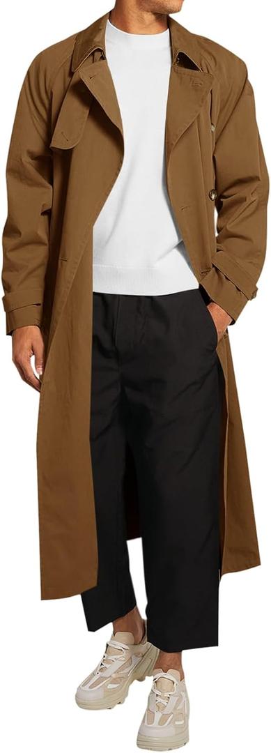 Runcati Mens Trench Coat Double Breasted Belted Windbreaker Jackets Lapel Lightweight Long Jacket Casual Overcoat (X-Large, Brown)