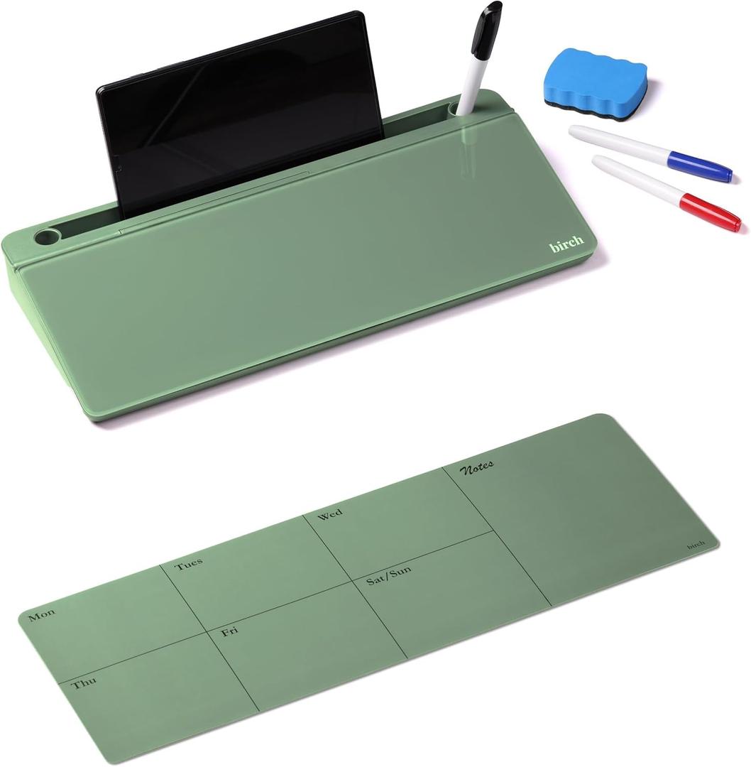 Birch Small Desktop Glass Whiteboard & Magnetic Calendar Dry Erase Desk Pad Keyboard Stand with Storage, Adjustable Dividers, 3 Markers & Eraser Office, Home & School (Moss)