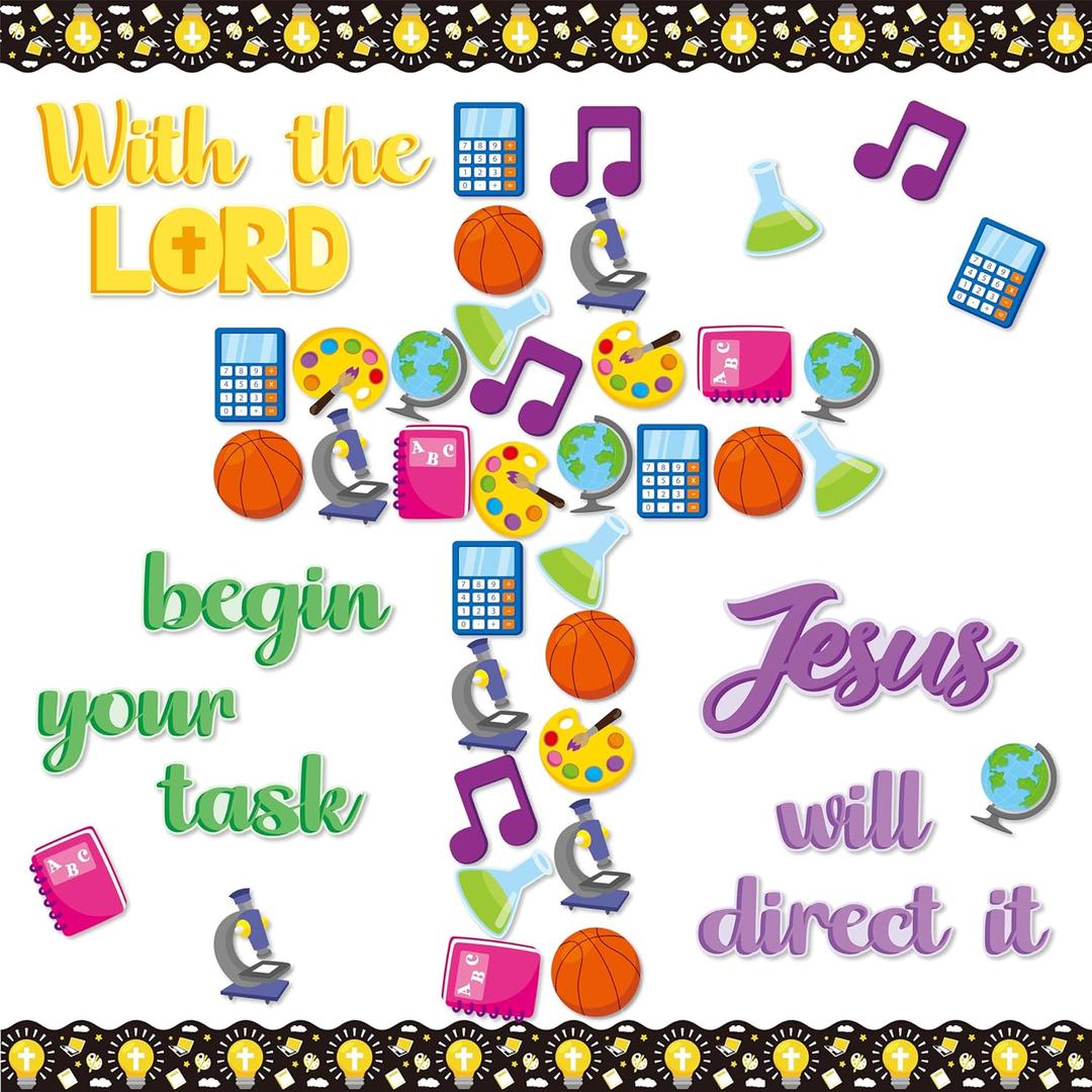 4 x BeYumi Subject Christian Bulletin Board - 88Pcs Back to School Subject Christian Bulletin Board Decor With the Lord Begin Your Task Jesus Cross Cutouts Border Trim Faith Religious Classroom Chalkboard