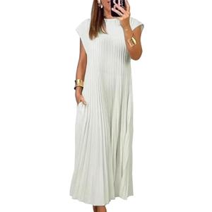 Women's Summer Pleated Maxi Dress 2024 Casual Cap Sleeve Loose Fit Flowy Long Dresses with Pockets, L