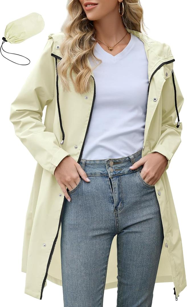 Zando Long Packable Rain Jacket Women Waterproof - Raincoat for Women Rain Coat with Hood Lightweight Outdoor Windbreaker (X-Large, Beige)