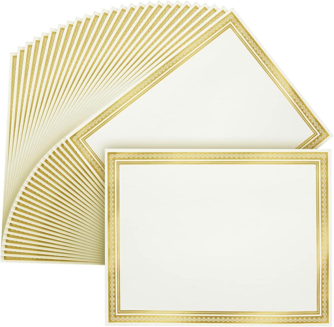 Sustainable Greetings 50 Sheets Gold Foil Award Certificate Paper 8.5 x 11 for Printing - Blank Cardstock for Graduation, Diploma and Achievement (White Awards Certificates)