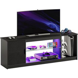 Bestier LED Entertainment Center for PS5, Gaming TV Stand with Cabinet 55/65 Inch TV, Modern TV Console with Adjustable Glass Shelf Living Room Bedroom, Black Carbon Fiber 57"