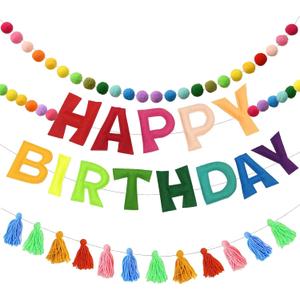 Pre-Strung Happy Birthday Banner Felt Ball Garland Reusable Happy Birthday Garland Pom Pom Party Decor Colorful Thread Tassel Rainbow Party Decorations for Girls Boys Women Men