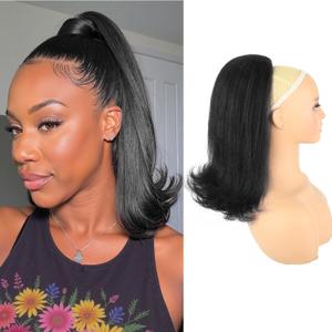 Drawstring Ponytail Extension for Black Women 14 Inch Yaki Kinky Straight Ponytail Flick Style Hairpiece Synthetic Natural Black