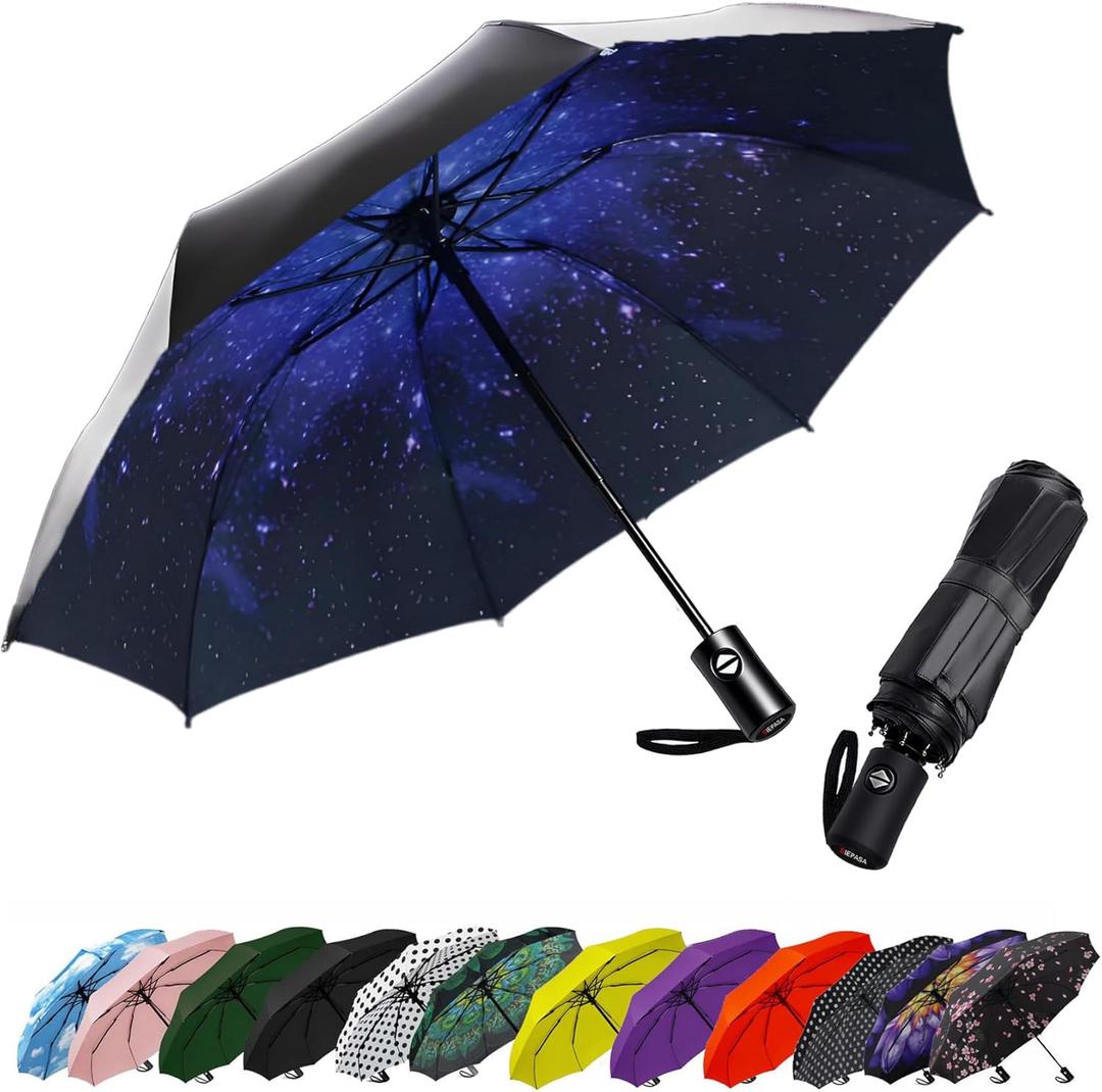 SIEPASA Compact Travel Umbrella - Windproof Auto Open/Close, Small Folding Umbrella for Rain & Sun with UPF50+ - Lightweight Frame, Waterproof - Fits Backpack, Purse, Suitcase.(UV-Pink Cherry) Bossom