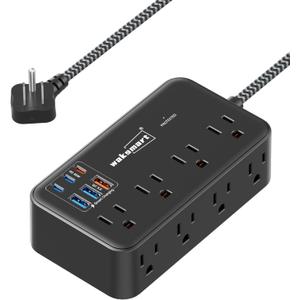 PD45W USB C Charger, Surge Protector Power Strip (2800J), 8 AC Outlets with 6 USB Ports (3 USB-C), 5ft Braided Cord, 45W Charging Station for MacBook, Laptops, iPad, iPhone, ETL Listed (5 Ft Flat Extension Cord, Black-PD45W Fast Charge)