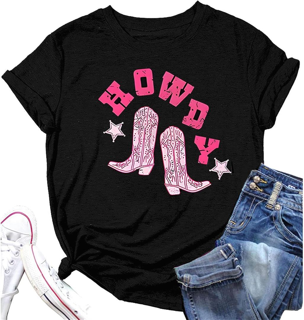Western Cowgirl Cowboy Howdy Boots T-Shirt for Women Party (Large, Black)