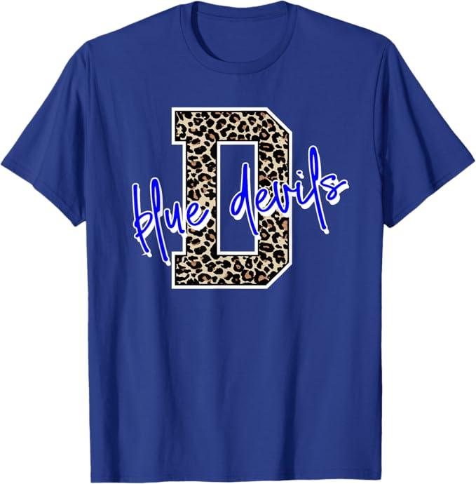 Blue Devil Leopard Print Letter T-Shirt, L, Blue
