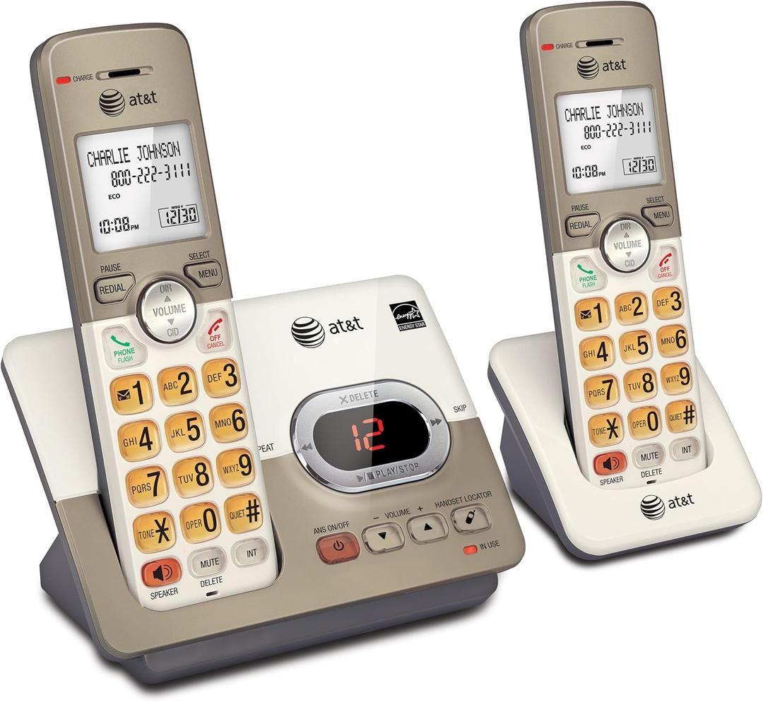 AT&T EL52213 2-Handset Cordless Phone with Digital Answering System, Extra-Large Backlit Keys, Caller ID/Call Waiting, DECT 6.0, Expandable, Speakerphone Light Champagne