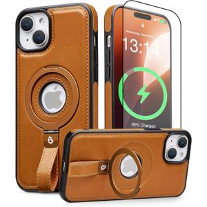 For iPhone 15 Plus/iPhone 14 Plus Leather Case with Stand, Anti-Slip Grip Ring, Fits for MagSafe (Brown, iPhone 15/14 Plus)