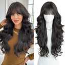 PARK YUN Black Hair Long Wavy Wig With Bangs 30 Inches Sthetic Thick Wig Heat Resistant Ladies Body Wave Wigs For Black Women Natural Looking Daily Party Use