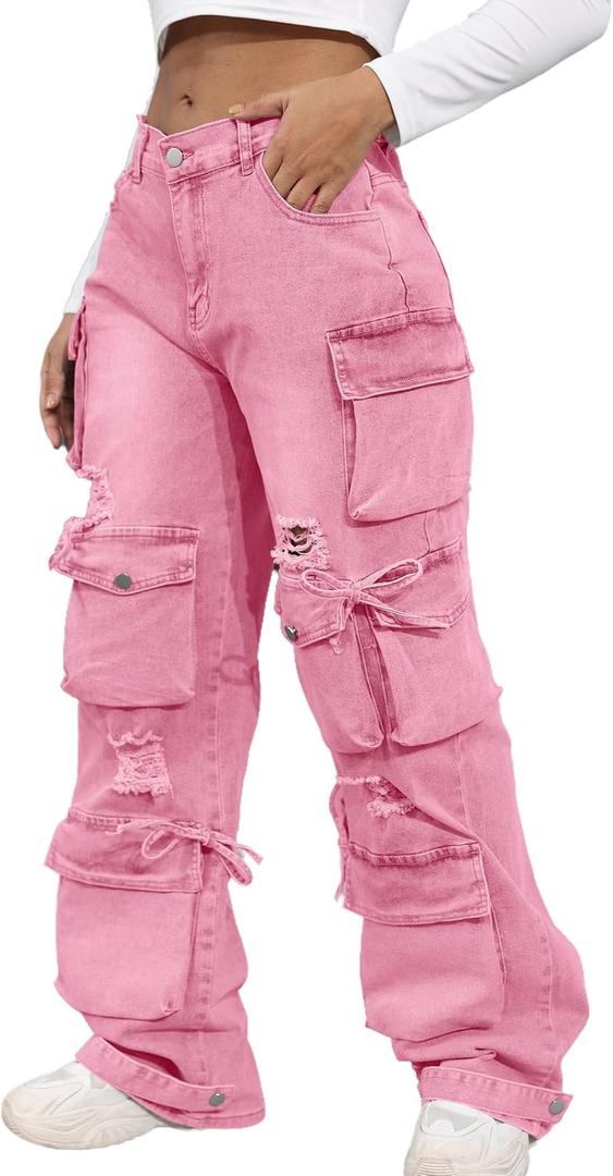 Ryehack Womens Baggy Jeans Y2k Cargo Jeans Casual High Waist Baggy Denim Cargo Pants with Pockets Streetwear (XX-Large, Pink)