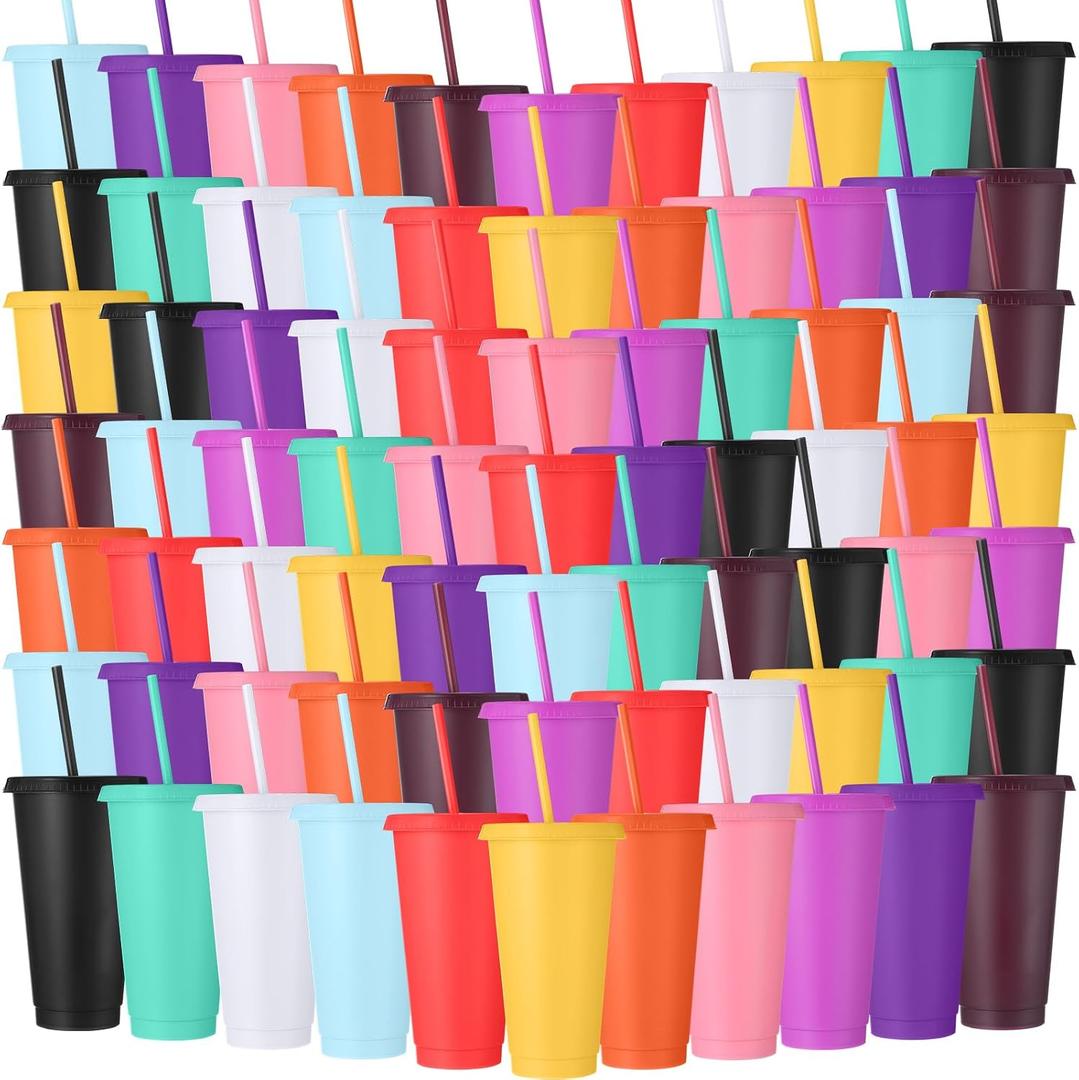 Honeydak 150 Pack Tumbler with Straw and Lid Bulk Cups for Gifts Water Bottle Iced Coffee Travel Mug Cup Reusable Plastic Tumblers for Party Birthdays 24-27 oz (Classic Color) (EXP 08/04/26)