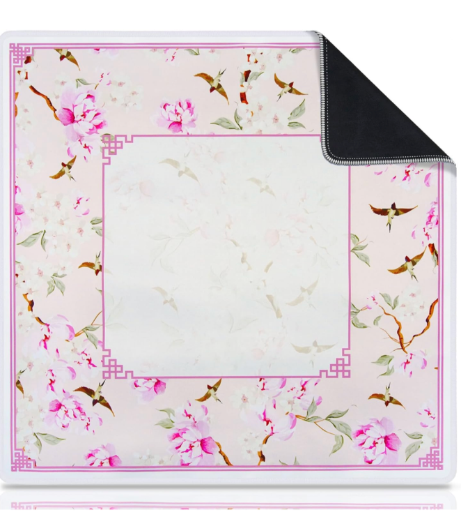 Neoprene Mahjong Mat for Table, Non-Slip, Durable, and Quiet Table Cover, Pretty Travel Mahjong Mat Pink with Floral and Bird Pattern, Perfect for Mahjong, Poker, Home Tea Rooms, Clubs