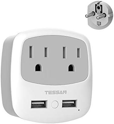 TESSAN Germany France Power Adapter, Type E F Plug Adaptor with 2 USB Ports 2 AC Outlets, US to European Europe German French Spain Greece Iceland Norway Russia Korea Poland 3 Pack