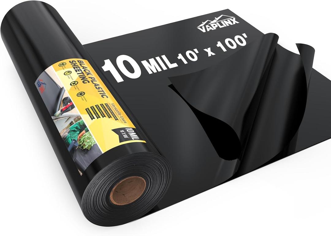 10 Mil Black Plastic Sheeting 10x100 FT UV Protection Poly Sheeting Polyethylene Film, Black Plastic Rolls for Garden, Crawl Space Vapor Barrier, Construction, Landscaping, Weed, Moisture Control