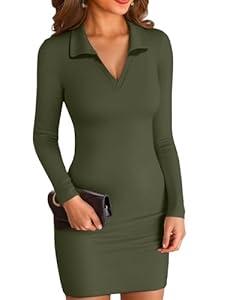 VICHYIE Women Fall Dress Lapel Collared V Neck Bodycon Ribbed Long Sleeve Tight Mid Thigh Pencil Above Knee Mini Polo Dresses, Green, M