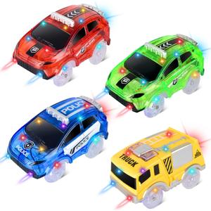 Track Cars Only Replacement Glow in The Dark with 5 Flashing LED Lights, Light Up Tracks Cars, Flex Race Car Compatible with Most Race Tracks for Kids (4pack) (Green)