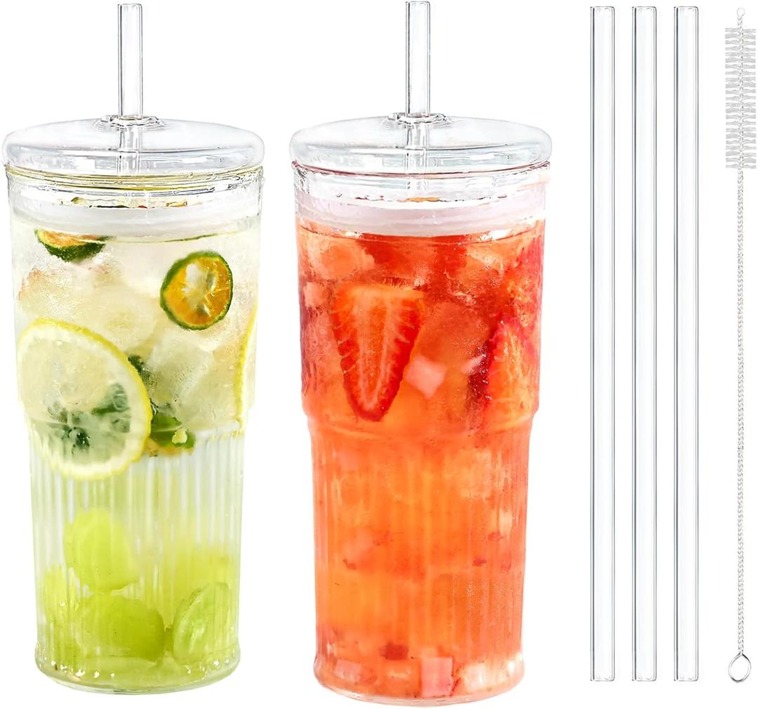 Puraville 20oz Glass Cups with Lids and Straws, 2 Pack High Borosilicate Iced Coffee Cups Drinking Glasses Tumbler for Smoothie, Water, Tea, Juice Drinks, Clear