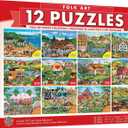 MasterPieces Jigsaw Puzzle 12-Pack Bundle Set, Fun for Adults and Family, Folk Art Collection, (4) Round 100 Piece, (4) 300 Piece, (4) 500 Pieces, Various