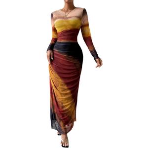 MARZXIN Women Long Sleeve Maxi Dress Bodycon Ruched Formal Slim Fit Tie Dye Dress Formal Mesh Dress (Medium)