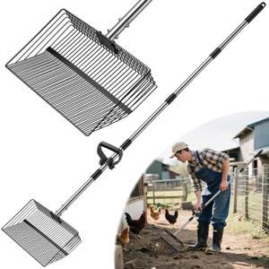 15 inch Extra Large Chicken Poop Scooper with Ergonomic Grip,5-in-1 Heavy Duty Adjustable Coop Scoop for Poop (24 to 68"), Stainless Steel Sifting Litter Shovel Scoop for Chicken Coop
