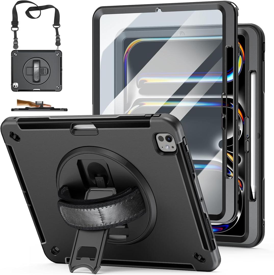 Case for iPad Pro 13 Inch 7th Generation 2024: Military Grade Cover for iPad Pro 13" (M4) W/Screen Protector - Stand - Handle - Shoulder Strap - Pencil Holder- Black