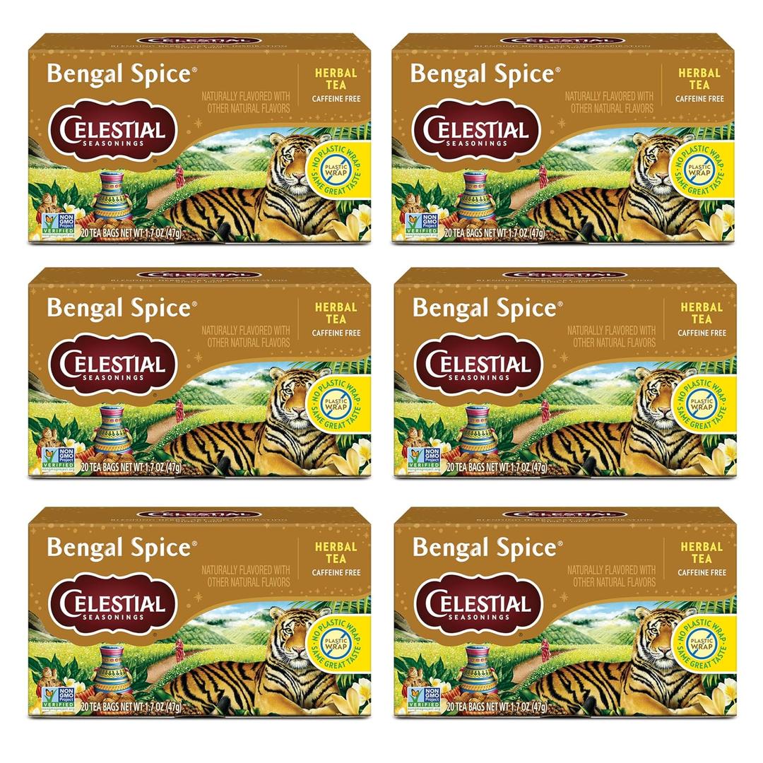 Celestial Seasonings Bengal Spice Herbal Tea, Caffeine Free, 20 Tea Bags Box (Pack of 6) (EXP 03/19/28)